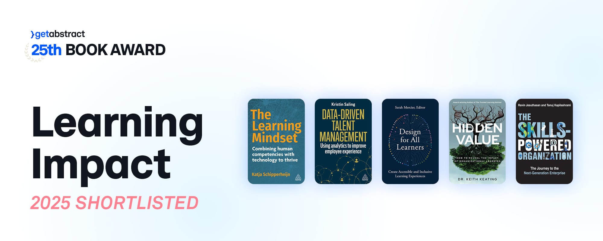 GetAbstract 25th Book Award graphic showing 'Learning Impact 2025 Shortlisted' with five book covers displayed, including Design for All Learners.