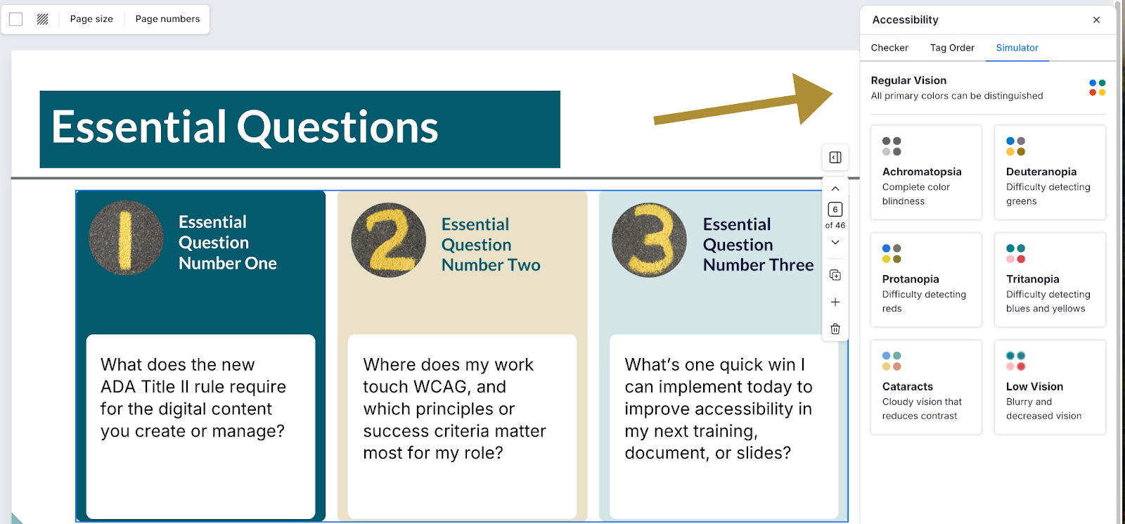 Accessibility panel open to the Simulator tab, showing options to preview content under different vision conditions including color blindness types, cataracts, and low vision.