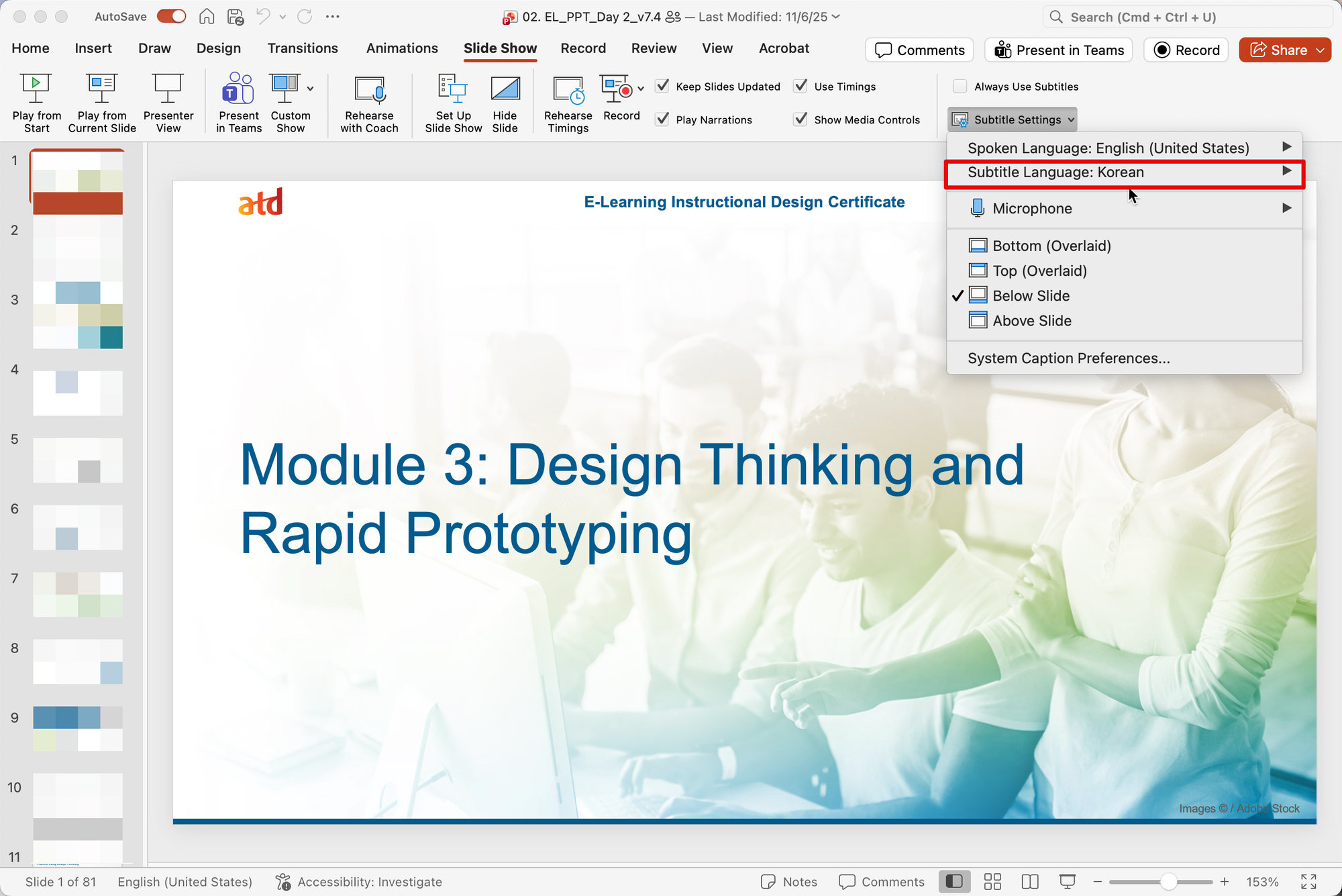 PowerPoint slide showing subtitle language menu set to Korean.